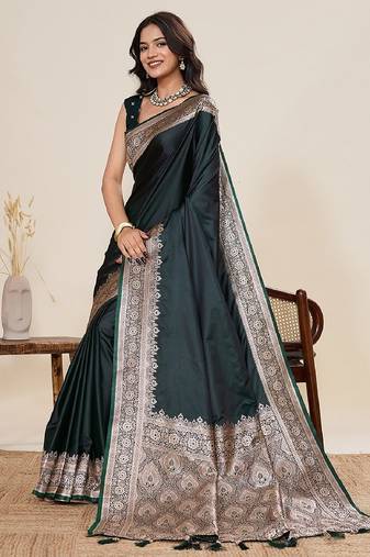 dark green work satin saree with blouse