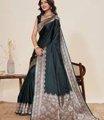 dark green work satin saree with blouse