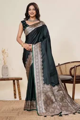 dark green work satin saree with blouse