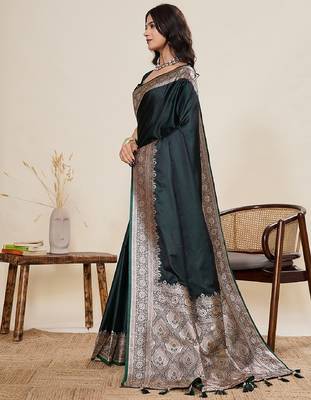 dark green work satin saree with blouse 3