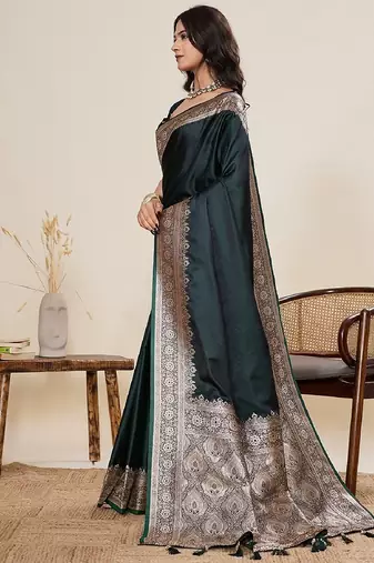 dark green work satin saree with blouse
