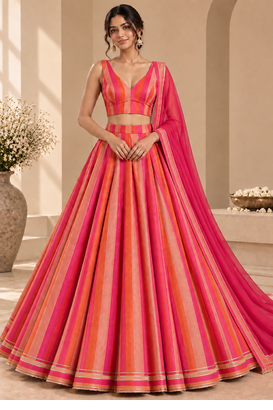 Pink Printed Georgette Lehenga Choli with Dupatta | Striped Flared Festive Party Wear 1
