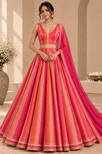 Pink Printed Georgette Lehenga Choli with Dupatta | Striped Flared Festive Party Wear