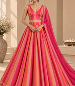Pink Printed Georgette Lehenga Choli with Dupatta | Striped Flared Festive Party Wear