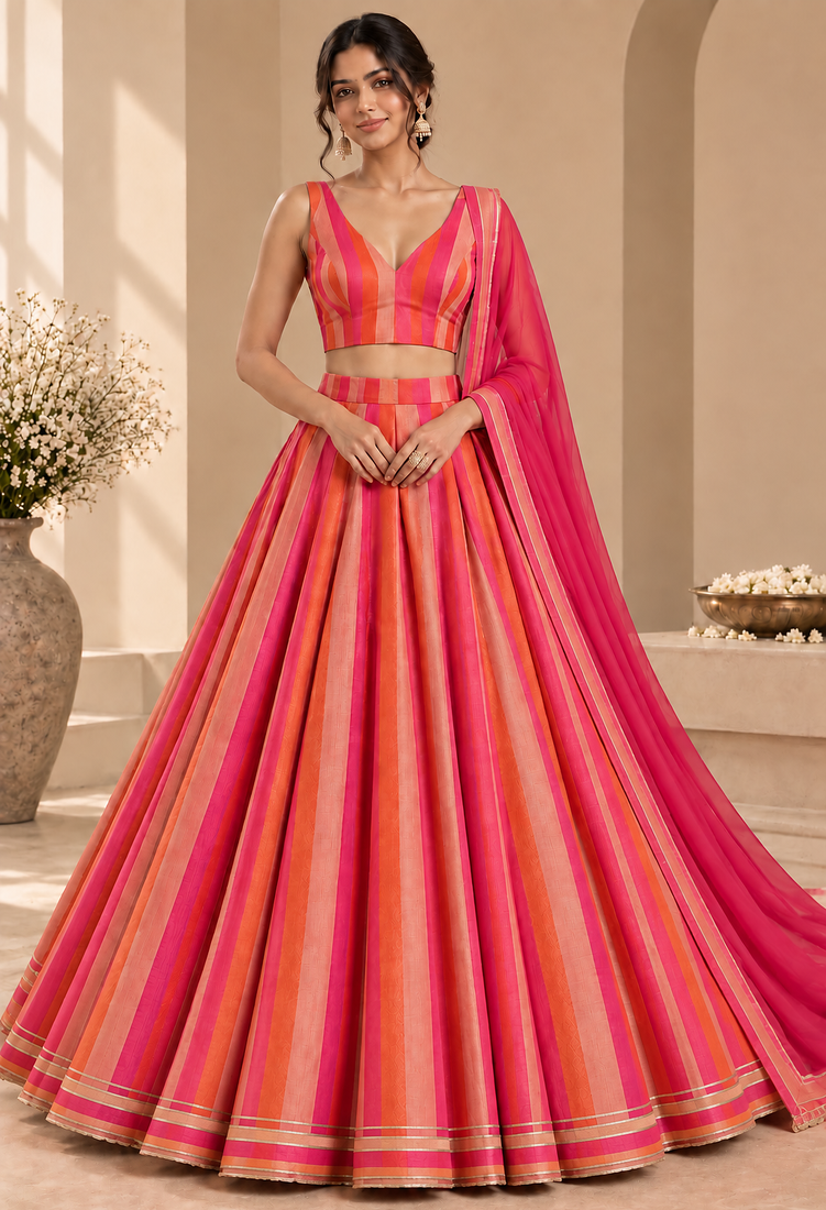 Pink Printed Georgette Lehenga Choli with Dupatta | Striped Flared Festive Party Wear