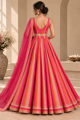 Pink Printed Georgette Lehenga Choli with Dupatta | Striped Flared Festive Party Wear 2