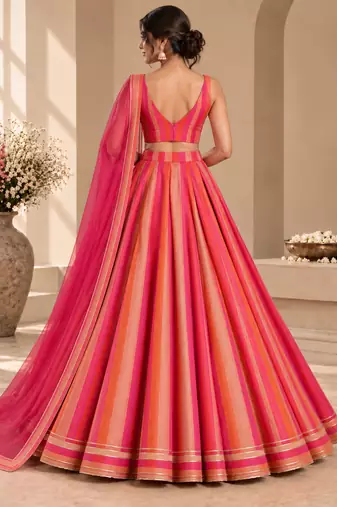 Pink Printed Georgette Lehenga Choli with Dupatta | Striped Flared Festive Party Wear
