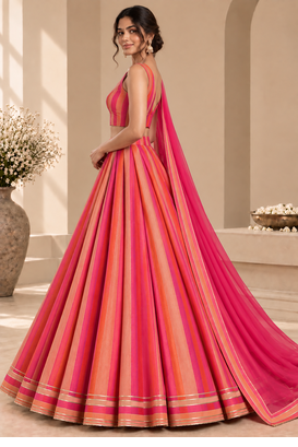 Pink Printed Georgette Lehenga Choli with Dupatta | Striped Flared Festive Party Wear 3