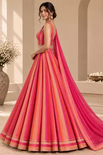 Pink Printed Georgette Lehenga Choli with Dupatta | Striped Flared Festive Party Wear