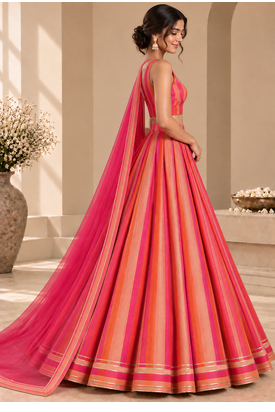 Pink Printed Georgette Lehenga Choli with Dupatta | Striped Flared Festive Party Wear 4