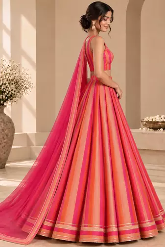 Pink Printed Georgette Lehenga Choli with Dupatta | Striped Flared Festive Party Wear