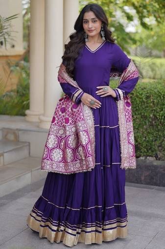 Purple rayon readymade anarkali suit with gotta patti & zari work
