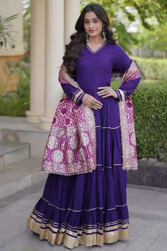 Purple rayon readymade anarkali suit with gotta patti & zari work