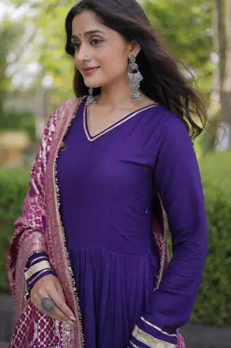 Purple rayon readymade anarkali suit with gotta patti & zari work