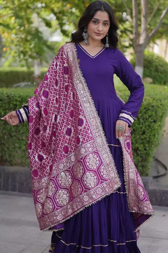 Purple rayon readymade anarkali suit with gotta patti & zari work