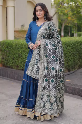 Blue rayon readymade anarkali suit with gotta patti & zari work