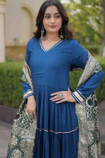 Blue rayon readymade anarkali suit with gotta patti & zari work