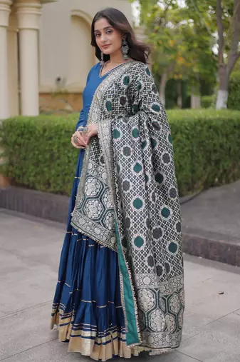 Blue rayon readymade anarkali suit with gotta patti & zari work
