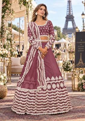 Purple net semi stitched lehenga choli with sequence & thread work 1