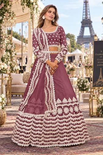 Purple net semi stitched lehenga choli with sequence & thread work