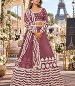 Purple net semi stitched lehenga choli with sequence & thread work