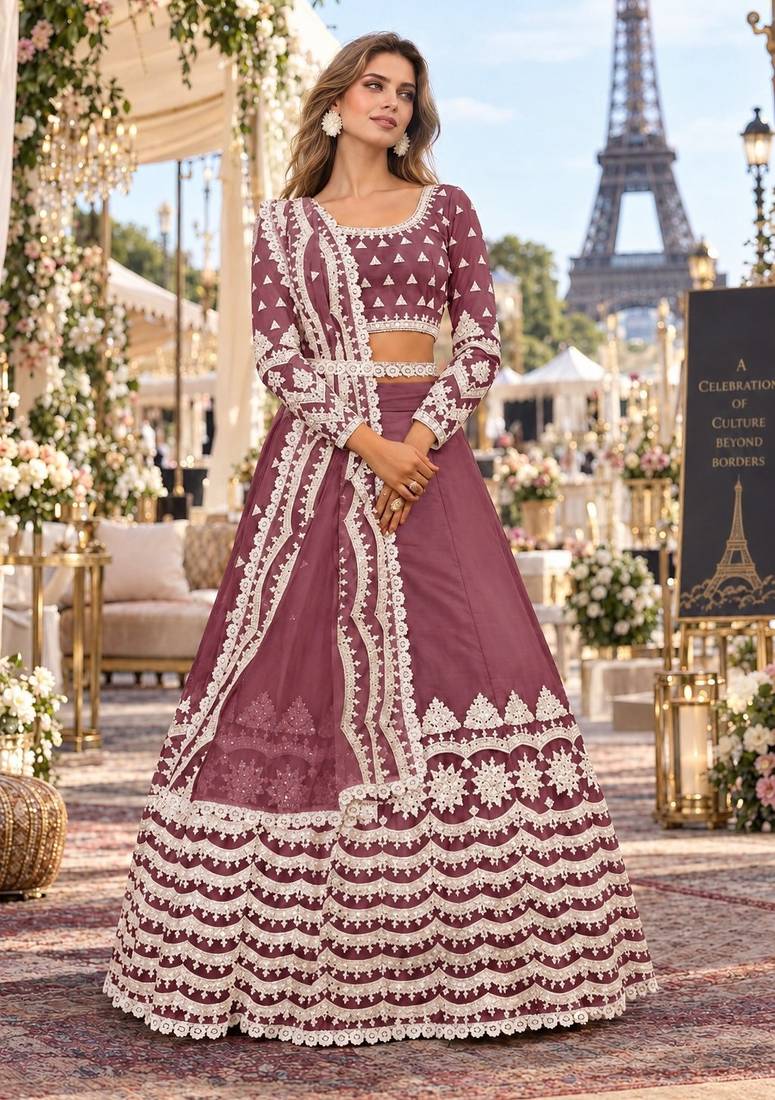 Purple net semi stitched lehenga choli with sequence & thread work