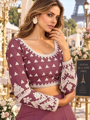 Purple net semi stitched lehenga choli with sequence & thread work 2