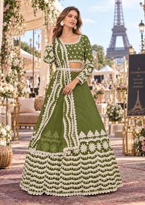 Green net semi stitched lehenga choli with sequence & thread work 1