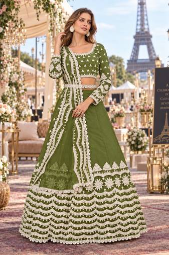 Green net semi stitched lehenga choli with sequence & thread work