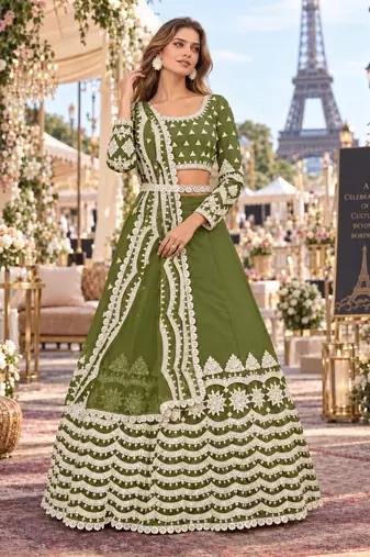 Green net semi stitched lehenga choli with sequence & thread work