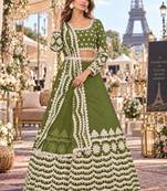 Green net semi stitched lehenga choli with sequence & thread work
