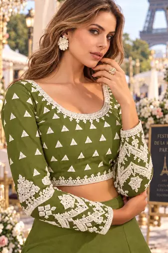 Green net semi stitched lehenga choli with sequence & thread work