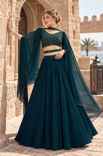 Teal Green Georgette Semi Stitched Lehenga Choli with Hand Work