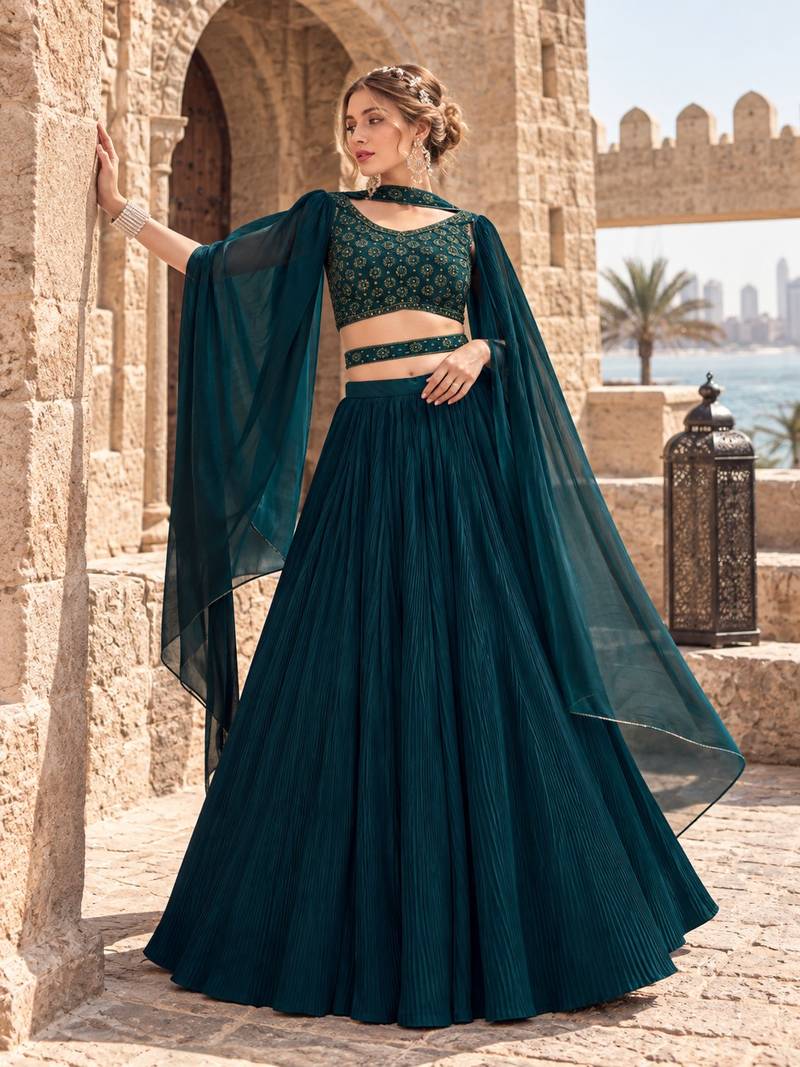 Teal Green Georgette Semi Stitched Lehenga Choli with Hand Work