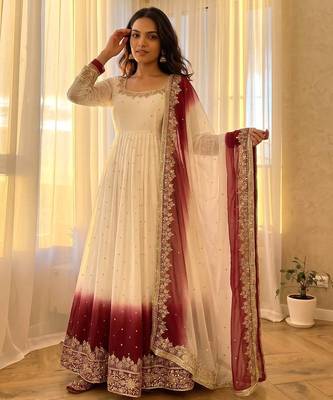 White&maroon georgette readymade anarkali suit with embroidery & sequence work 1