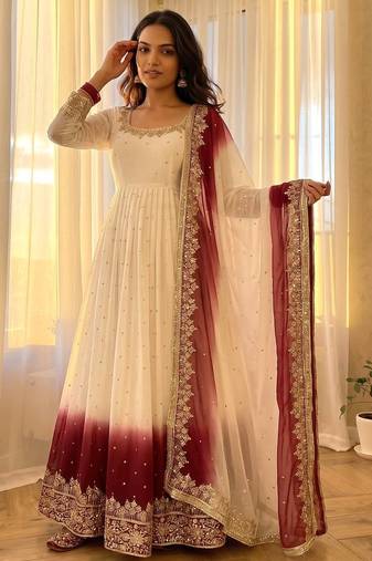 White&maroon georgette readymade anarkali suit with embroidery & sequence work