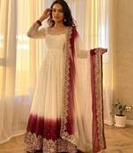 White&maroon georgette readymade anarkali suit with embroidery & sequence work