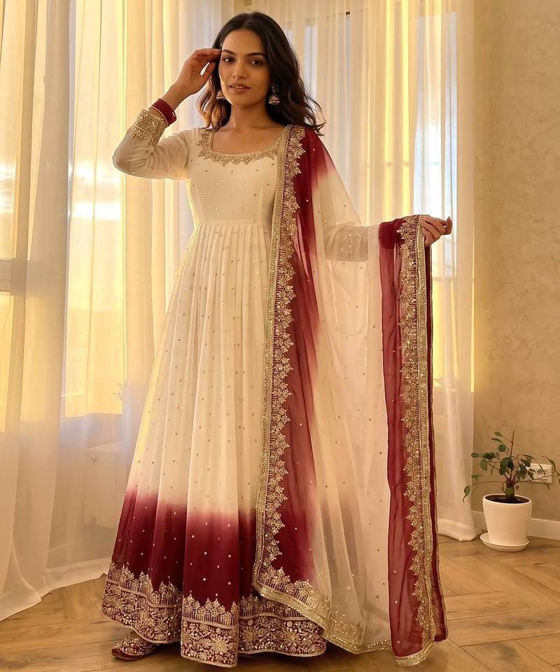 White&maroon georgette readymade anarkali suit with embroidery & sequence work