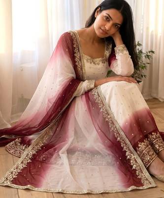 White&maroon georgette readymade anarkali suit with embroidery & sequence work 2