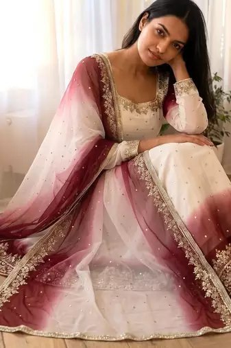 White&maroon georgette readymade anarkali suit with embroidery & sequence work