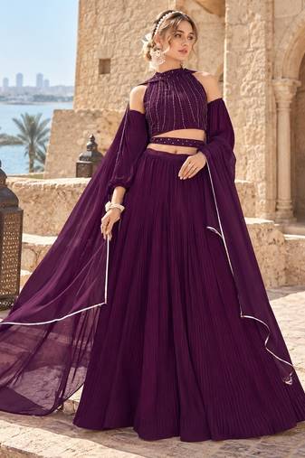 Purple Georgette Semi Stitched Lehenga Choli with Hand Work