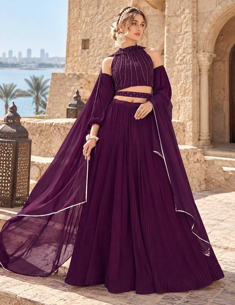 Purple Georgette Semi Stitched Lehenga Choli with Hand Work