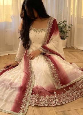 White&maroon georgette readymade anarkali suit with embroidery & sequence work 3