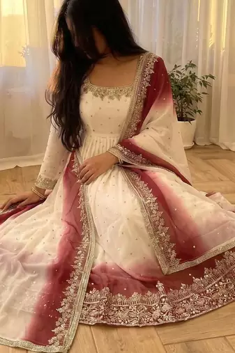 White&maroon georgette readymade anarkali suit with embroidery & sequence work