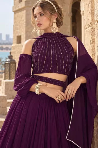 Purple Georgette Semi Stitched Lehenga Choli with Hand Work