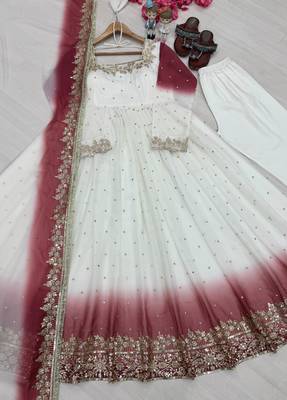 White&maroon georgette readymade anarkali suit with embroidery & sequence work 4