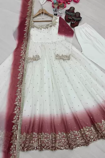 White&maroon georgette readymade anarkali suit with embroidery & sequence work