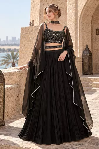 Black Georgette Semi Stitched Lehenga Choli with Hand Work