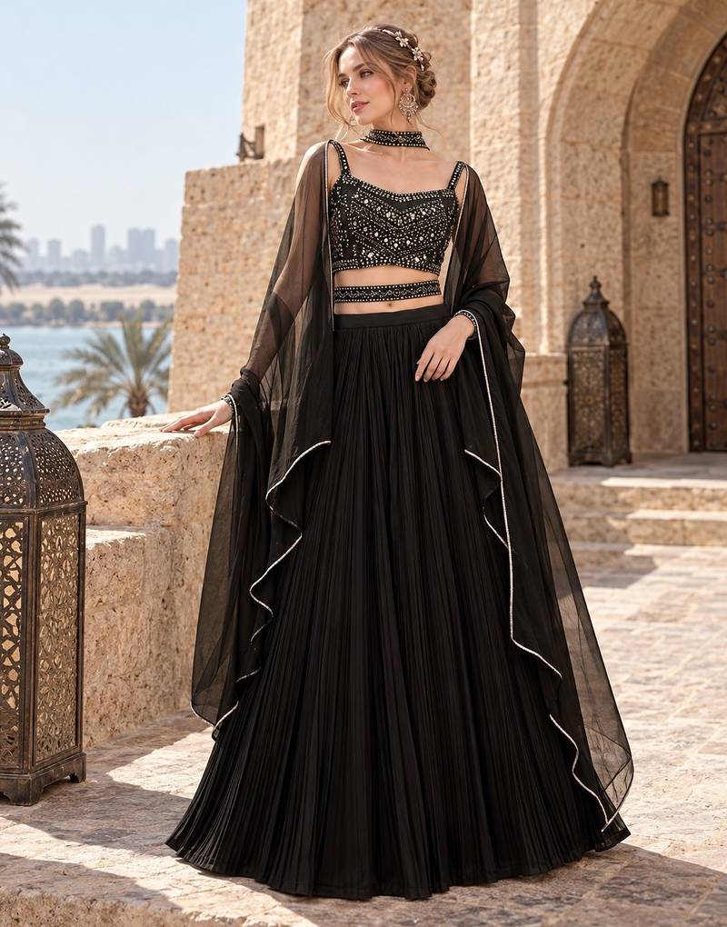 Black Georgette Semi Stitched Lehenga Choli with Hand Work
