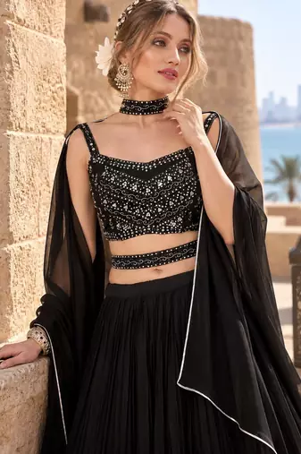 Black Georgette Semi Stitched Lehenga Choli with Hand Work